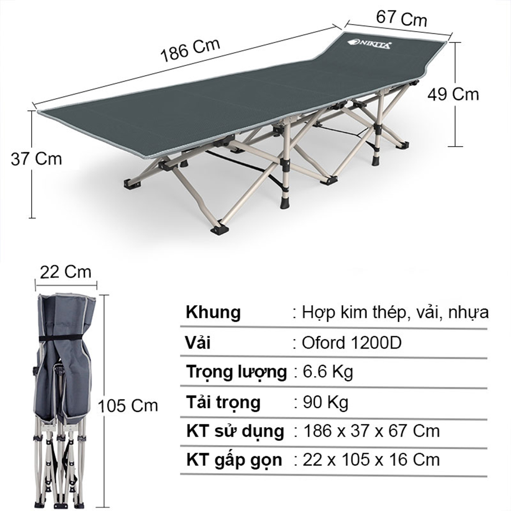 Giường xếp du lịch, vải bạt 3D chống thấm, chống bám bụi, xếp gọn kèm túi du lịch - NIKITA