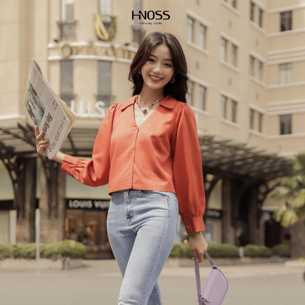Áo Kiểu Sơmi Thời Trang Nữ HNOSS Tay Dài Cổ Chữ V HNAKI062