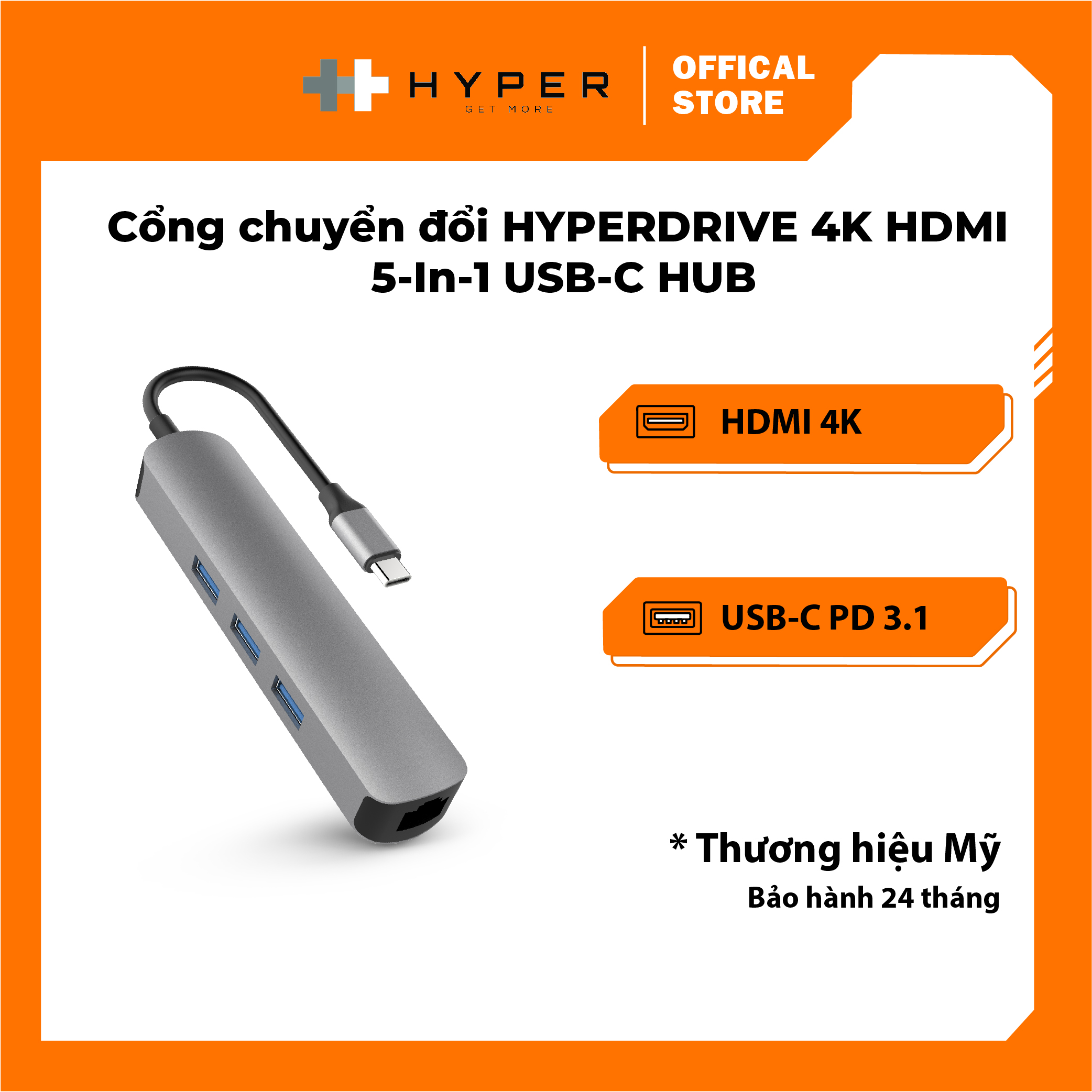 CỔNG CHUYỂN HYPERDRIVE 4K HDMI 6-IN-1 USB-C HUB FOR MACBOOK, SURFACE, ULTRABOOK, CHROMEBOOK, PC &amp; USB-C DEVICES -HD233B - HÀNG CHÍNH HÃNG