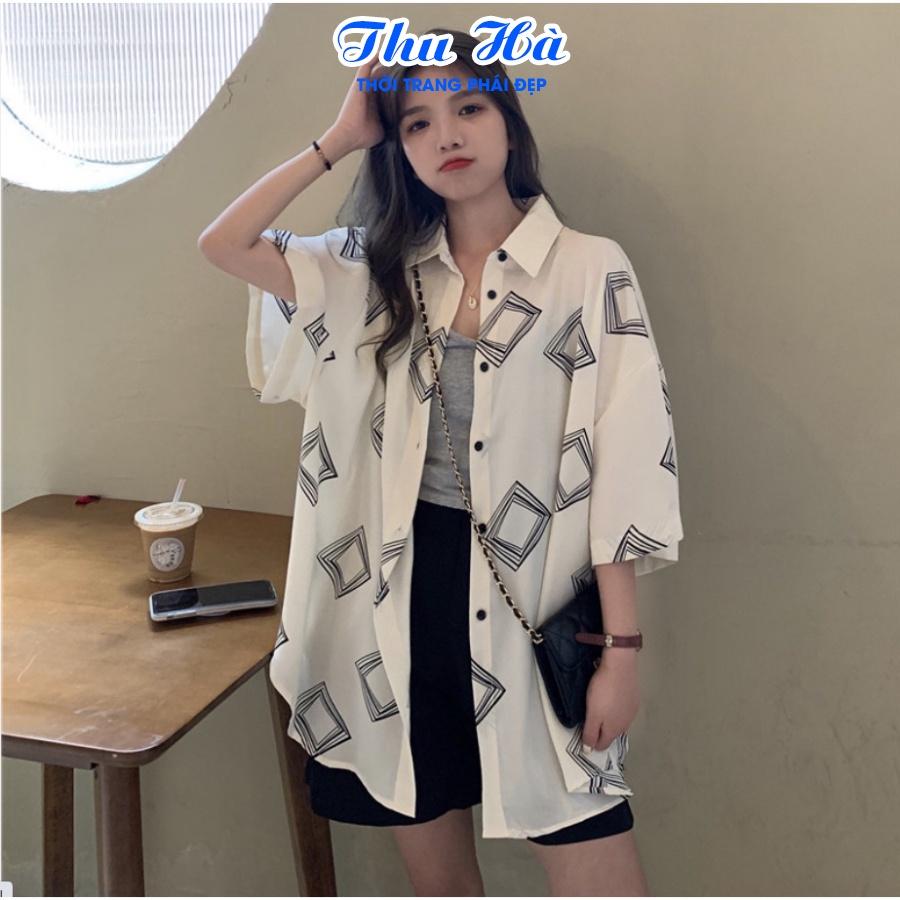 Áo sơ mi nữ form rộng tay lỡ Thu Hà sơ mi kiểu chất liệu đũi trơn mịn mát in hình Ô Vuông Đen Trắng