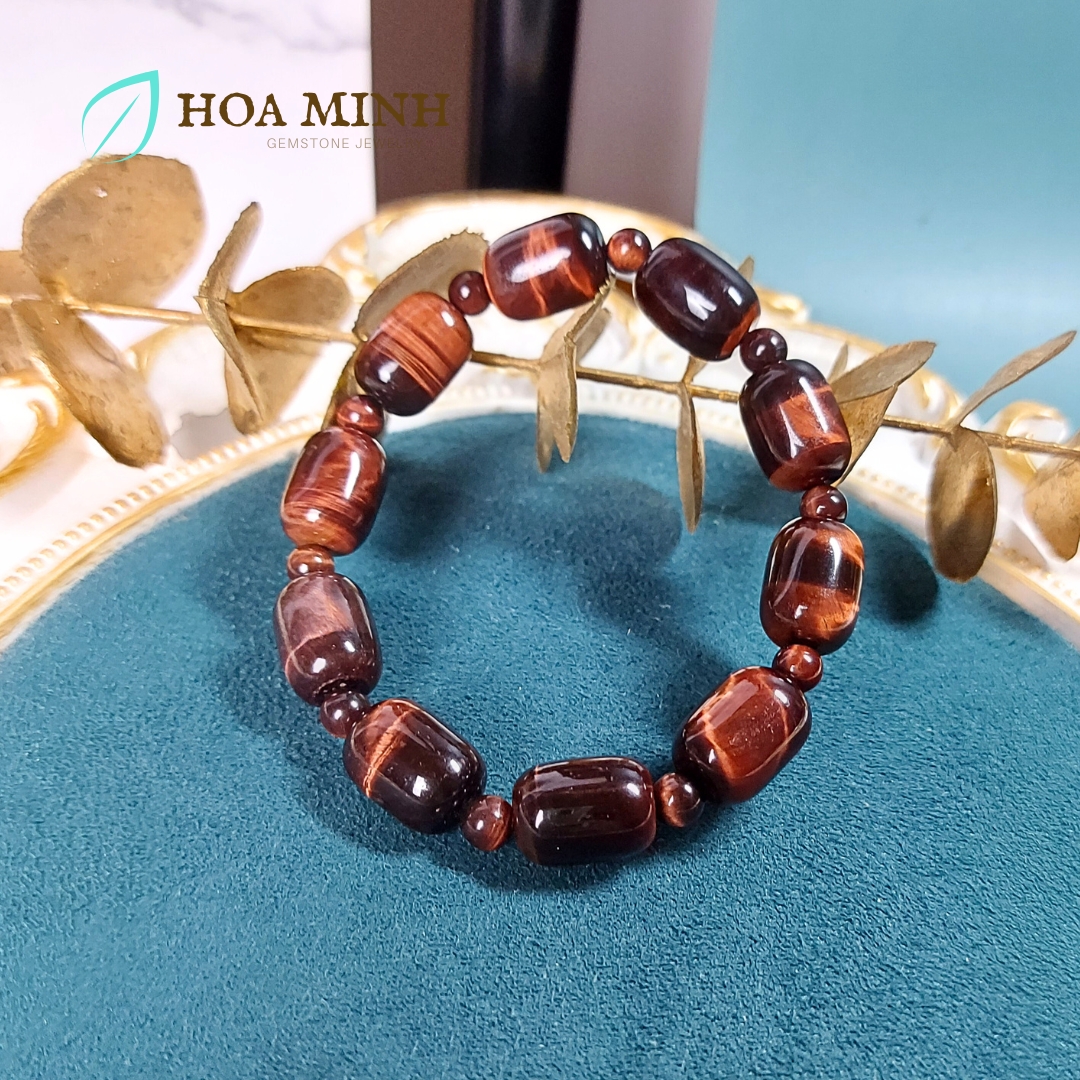 Vòng tay đá Mắt Hổ tự nhiên đỏ nâu kiểu lu thống size 12x16mm phối xen kẽ viên tròn hợp mệnh Hỏa Thổ