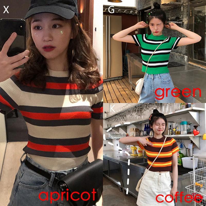 Áo thun tay ngắn hoạ tiết kẻ sọc thiết kế đơn giản dễ phối đồ