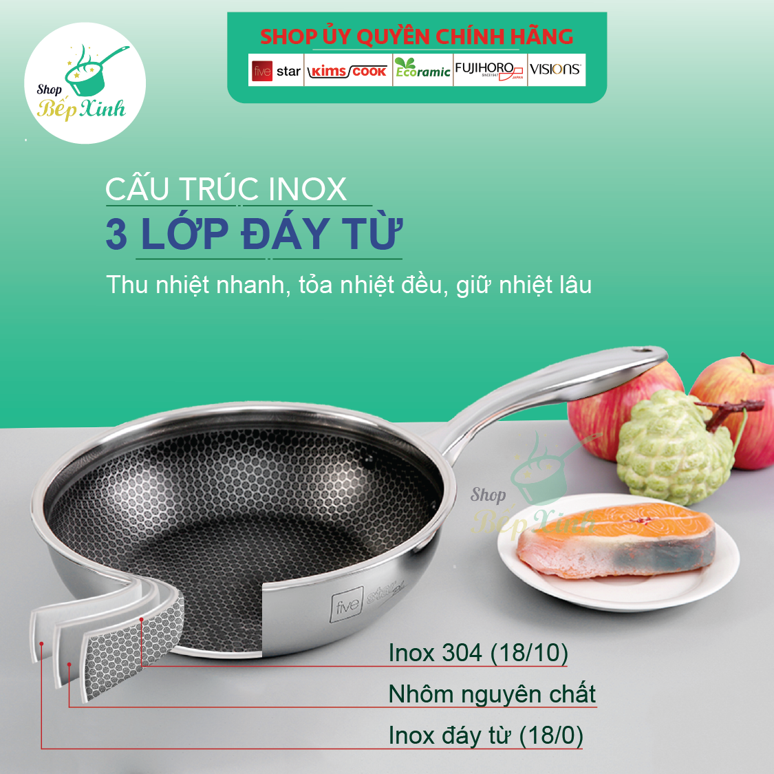 Chảo tổ ong đáy từ Fivestar Blackcube sâu lòng 16cm / 20cm / 24cm / 26cm / 28cm , cấu tạo 3 lớp đúc liền , inox 304