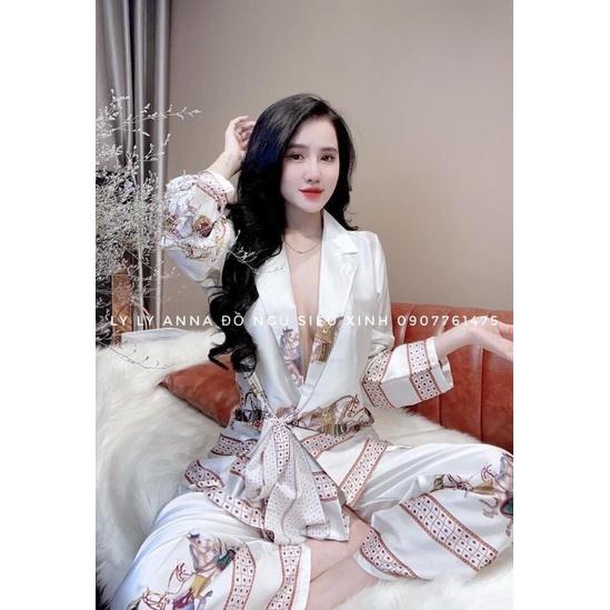 Đồ bộ ngủ tay dài pijama mặc nhà kiểu dáng thắt nơ kimono trơn đơn giản dưới 60kg