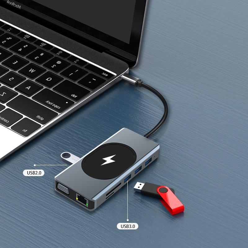 Bộ Chia Cổng Sạc Type c 12 Trong 1 Sang HDMI * 2 4K VGA USB3.0 100W PD / TF2.0 RJ45 1000M 3.5mm Cho Macbook M1 Laptop Điện Thoại