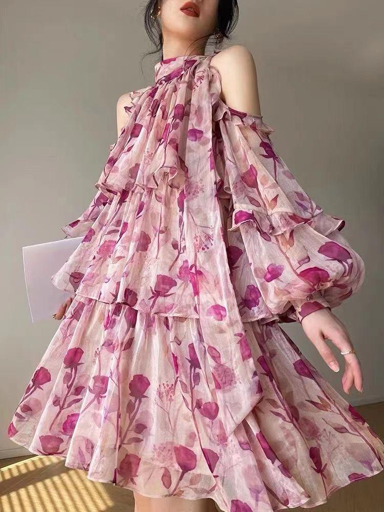 CHENGRUI 2023 Mùa hè Pháp Tea Break Dress hoa ngọt ngào nghỉ mát gió đèn lồng tay áo đầm cổ tích nhỏ