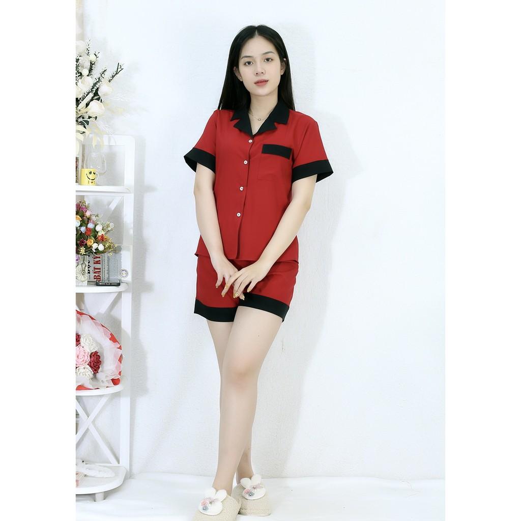 Bộ đồ Pijama ngắn mặc nhà MÀU ĐỎ ĐÔ PHA CỔ ĐEN