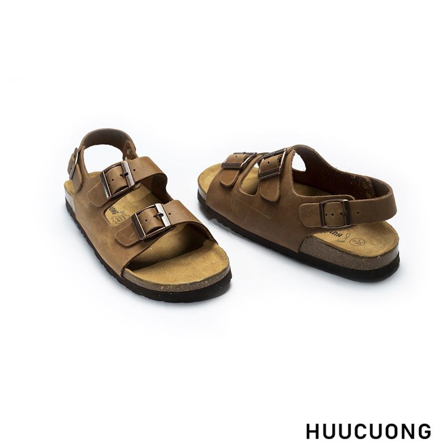 Sandal HuuCuong -2 khóa Da Bò đế trấu(nâu)