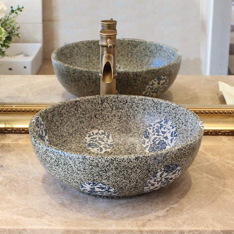 Chậu rửa lavabo gốm sứ đặt bàn LI-LAV0036 - Hoa văn vintage