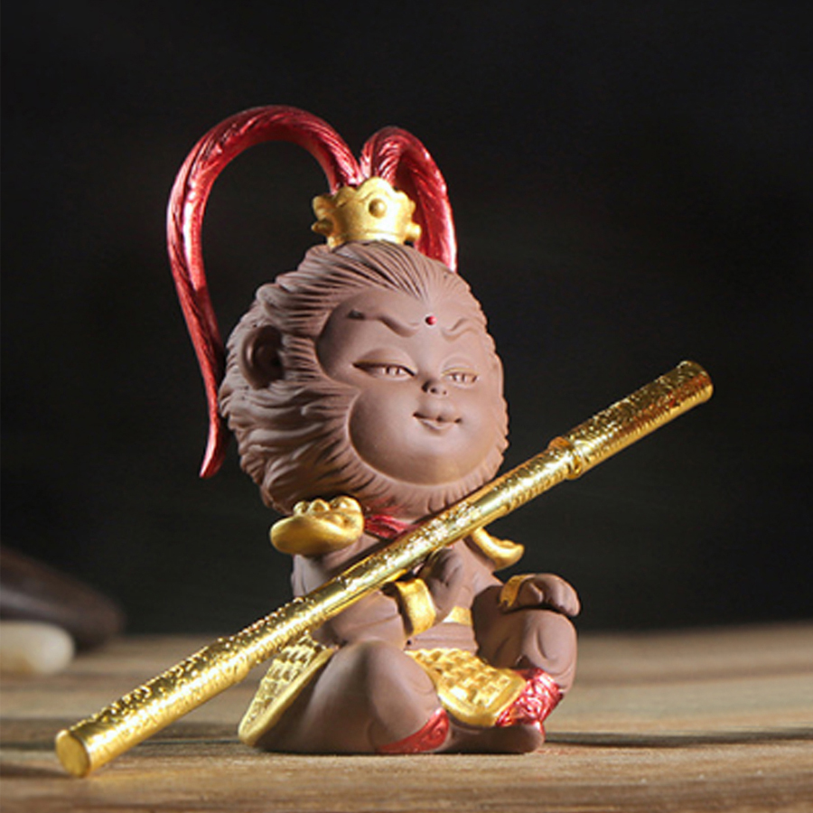 Tượng Chibi Mỹ Hầu Vương nón giáp 11.5cm kèm gậy - màu nâu dang tay