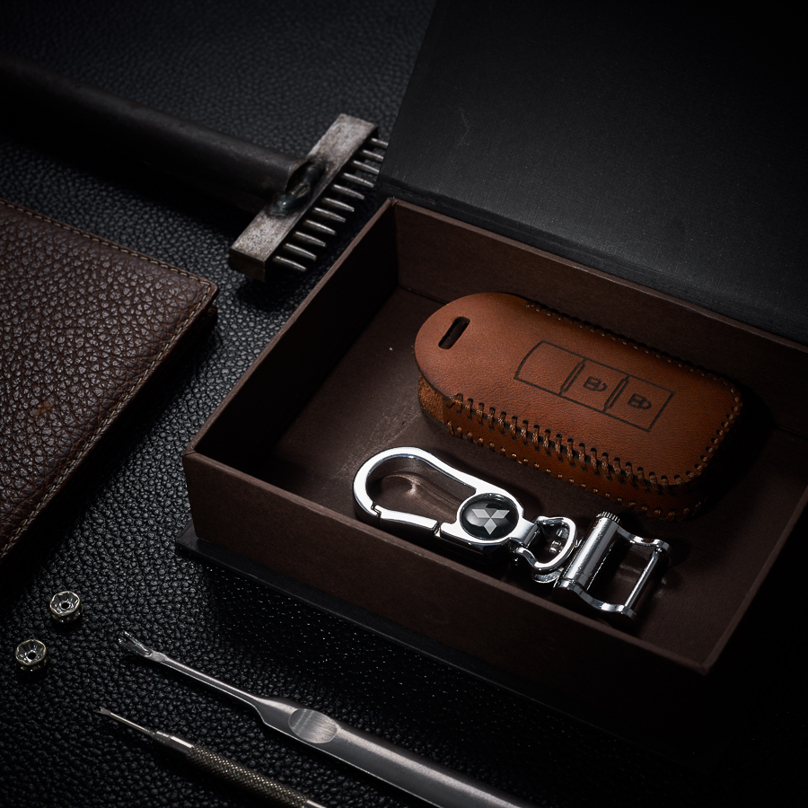 Bao Da Chìa Khóa dành cho Ô Tô Mitsubishi Attrage 2 Nút Da Bò Sáp Dạng Hộp