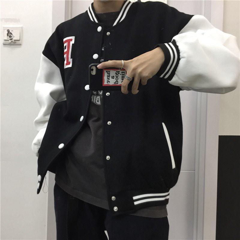 Áo bomber bóng chày nữ chữ R áo khoác nỉ bông đen xanh chữ thêu bo chun dệt thời trang nam nữ