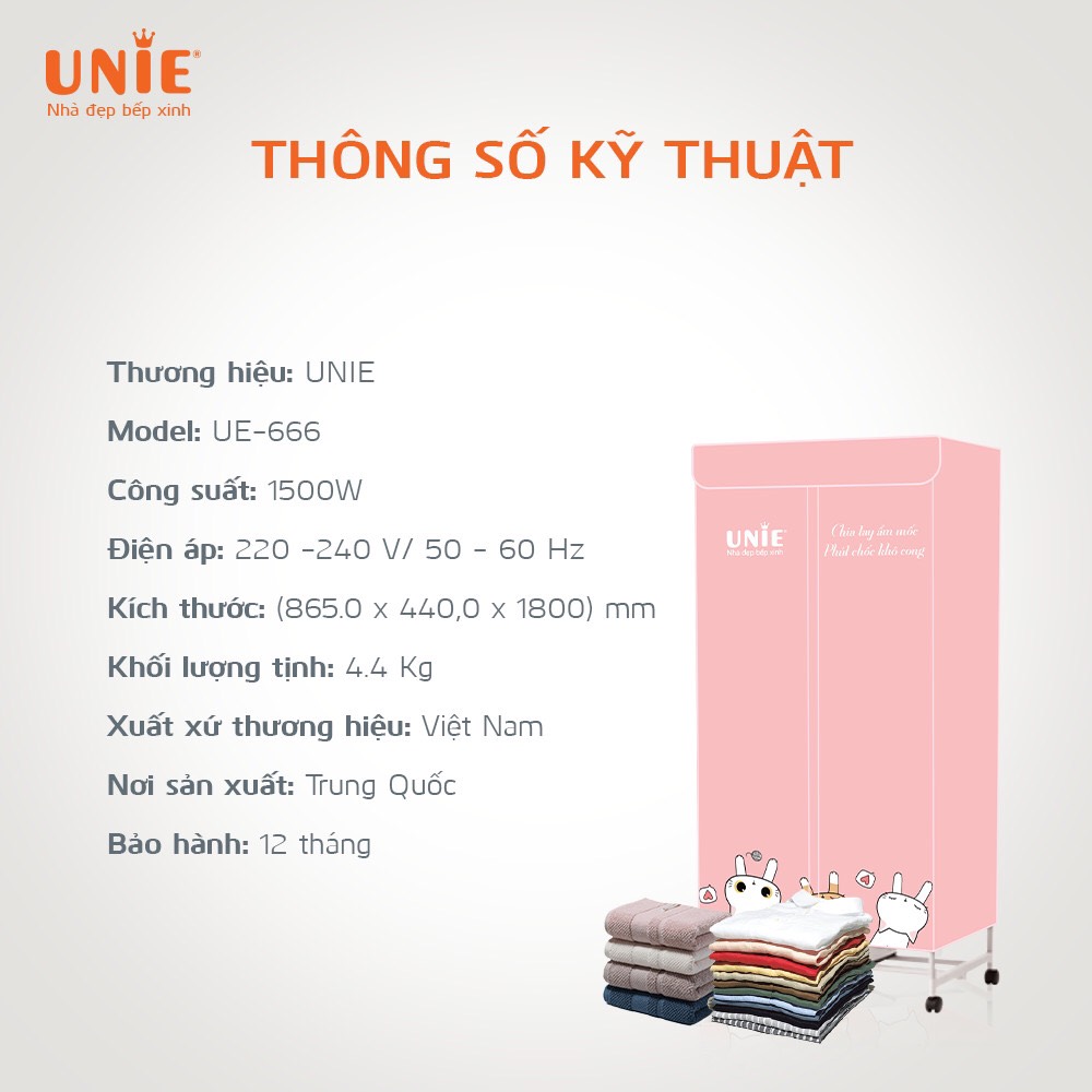 Tủ sấy quần áo 2 tầng Unie 666 ông suất 1500W đa chức năng bảo hành 1 năm