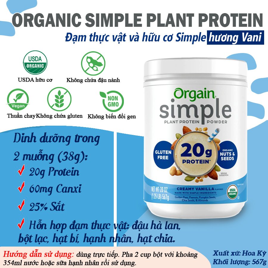 Đạm thực vật hữu cơ Simple - Organic Plant Protein Simple hiệu Orgain