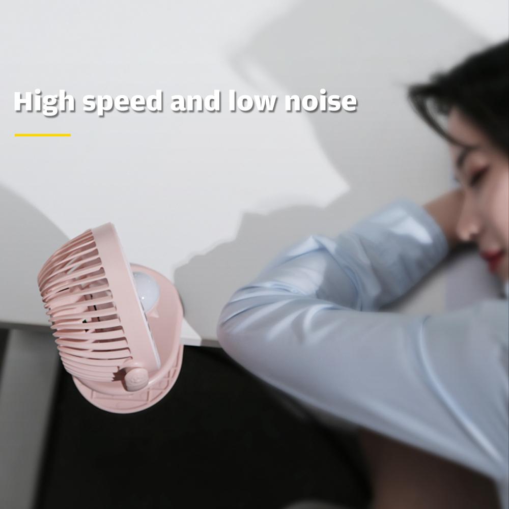Quạt để bàn có đế kẹp mini xoay 360 độ có đèn ban đêm 3 chế độ chỉnh sạc bằng USB