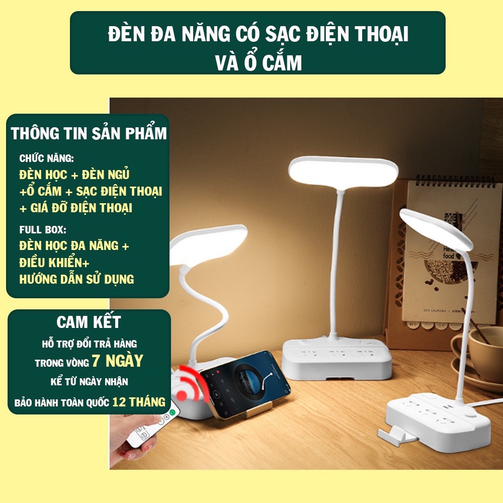 Đèn bàn đèn học đa năng chống cận có 3 chế độ đèn, ổ cắm điện, sạc điện thoại, Led tích điện đa năng hỗ trợ đọc sách, làm việc, trang trí