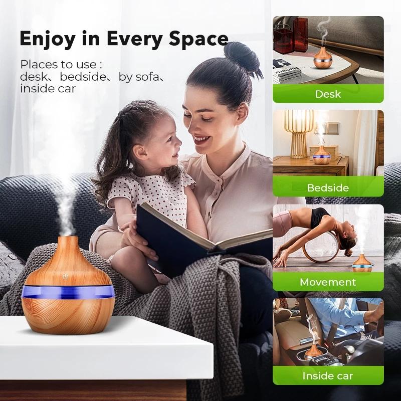 300ML USB Điện Máy Phun Sương Tạo Độ Ẩm Tinh Tinh Dầu Khuếch Tán Tinh Dầu Siêu Âm Thanh Vân Gỗ Máy Tạo Độ Ẩm Không Khí Mini Có 7 Đèn LED Cho Ánh Sáng xe Ô Tô Hồ