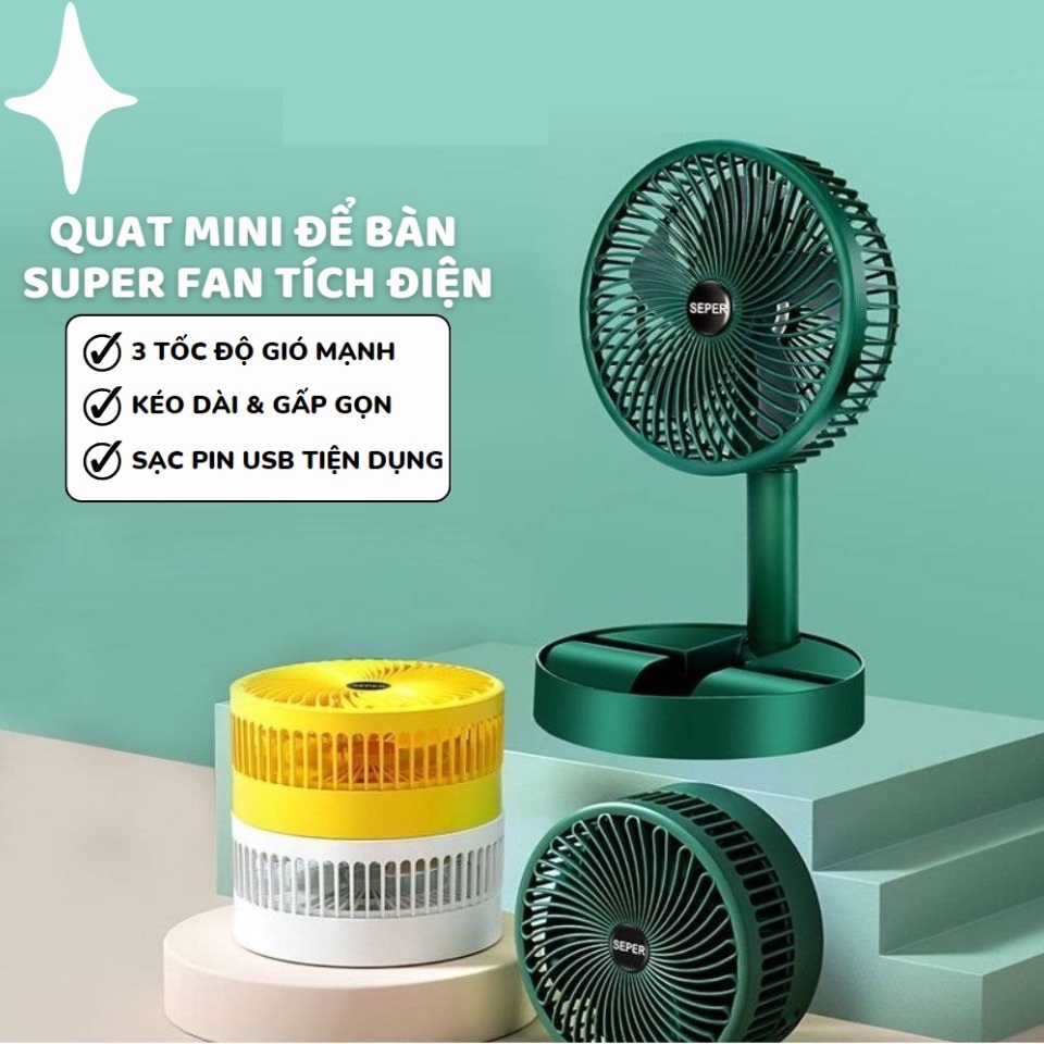 Quạt Tích Điện Super mini, Quạt Tích Điện Để Bàn Gấp Gọn 3 cấp độ