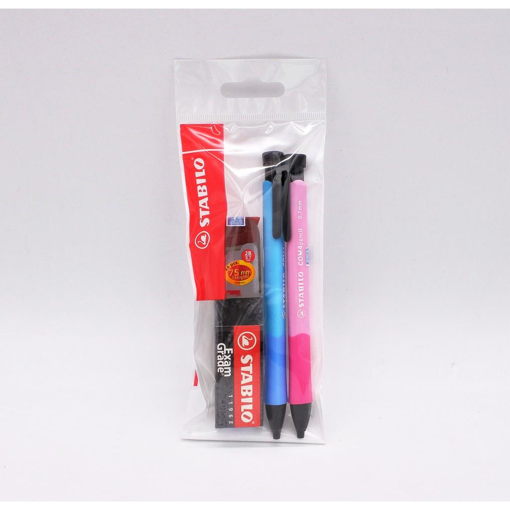 Bộ 2 cây bút chì bấm STABILO COM4pencil 0.7mm (xanh/hồng) + tuýp ruột PC3208R24-2B + tẩy ExamGrade ER196E (MP6637-C2R+)
