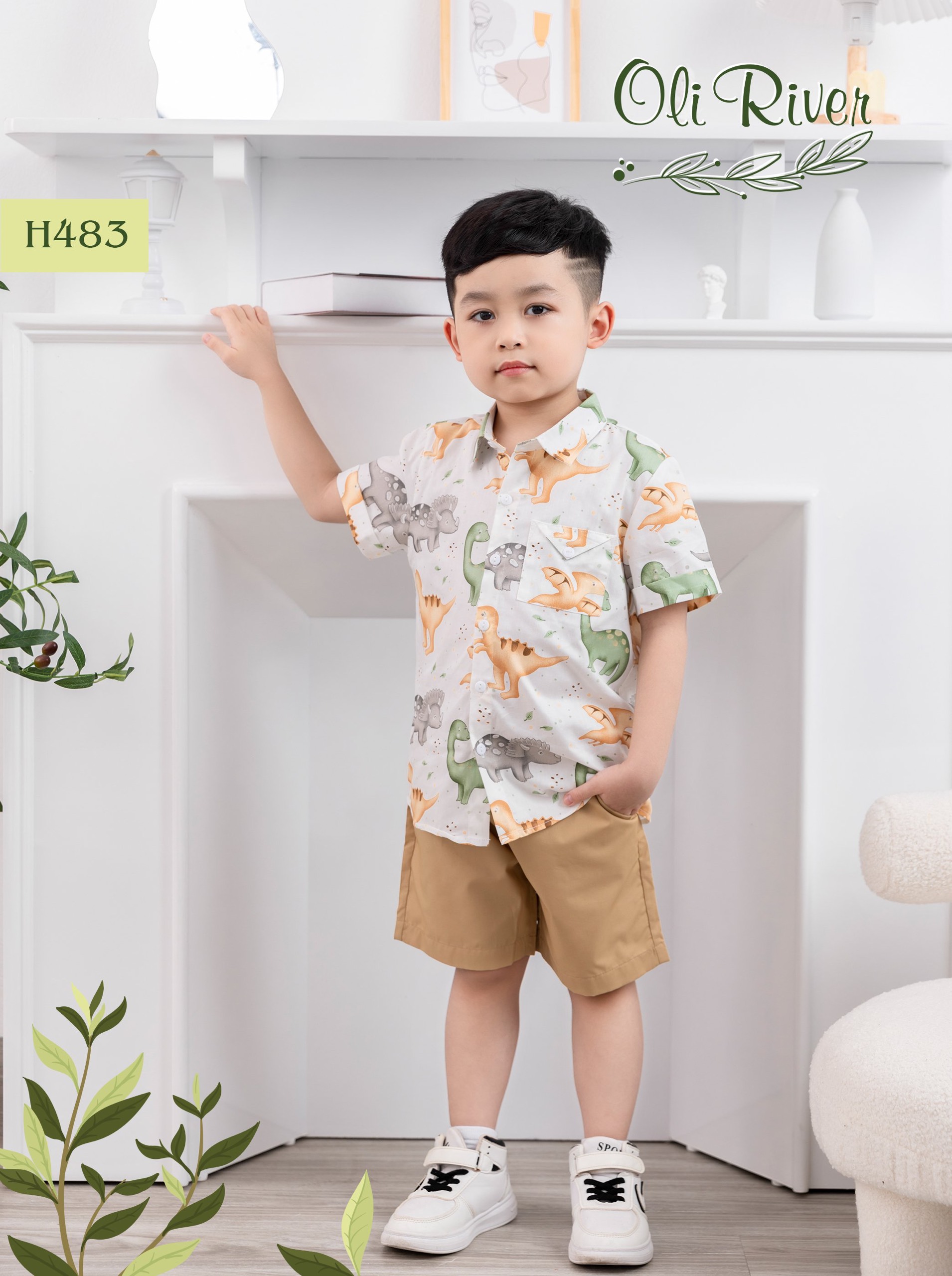 Đồ bộ bé trai cộc tay 1-10 tuổi áo sơ mi in khủng long, Bộ hè cho bé hàng thiết kế cao cấp kiêu dáng thời trang