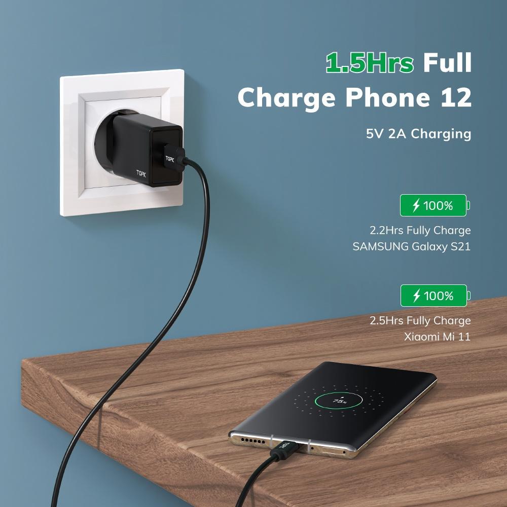 Đầu sạc TOPK với 1 cổng USB B25 10W QC2.0 giắc cắm EU có dây cáp cho điện thoại
