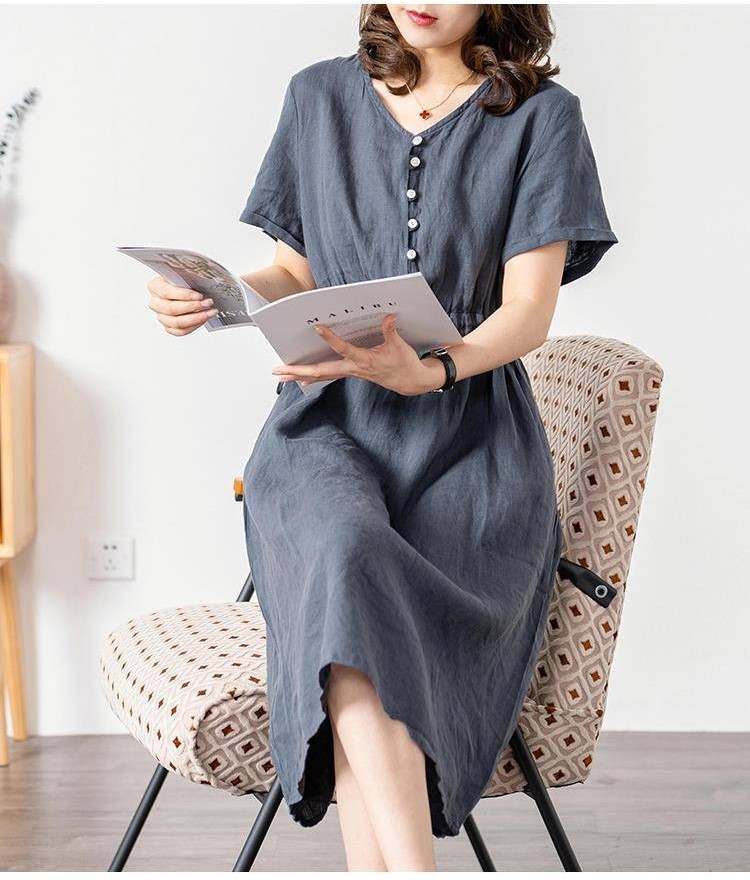 Đầm linen dáng suông cổ V , Đầm sơ mi ngắn tay nhún eo, mặc đi chơi, đi làm Haint Boutique Da173