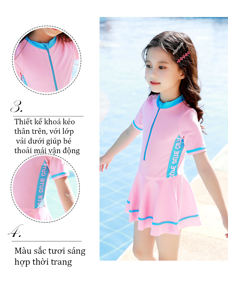 Đồ bơi bé gái kiểu áo váy bơi tay ngắn, nhiều màu sắc chiều cao từ 1-1.5m, màu sắc đẹp chất liệu vải cao cấp mã 302016