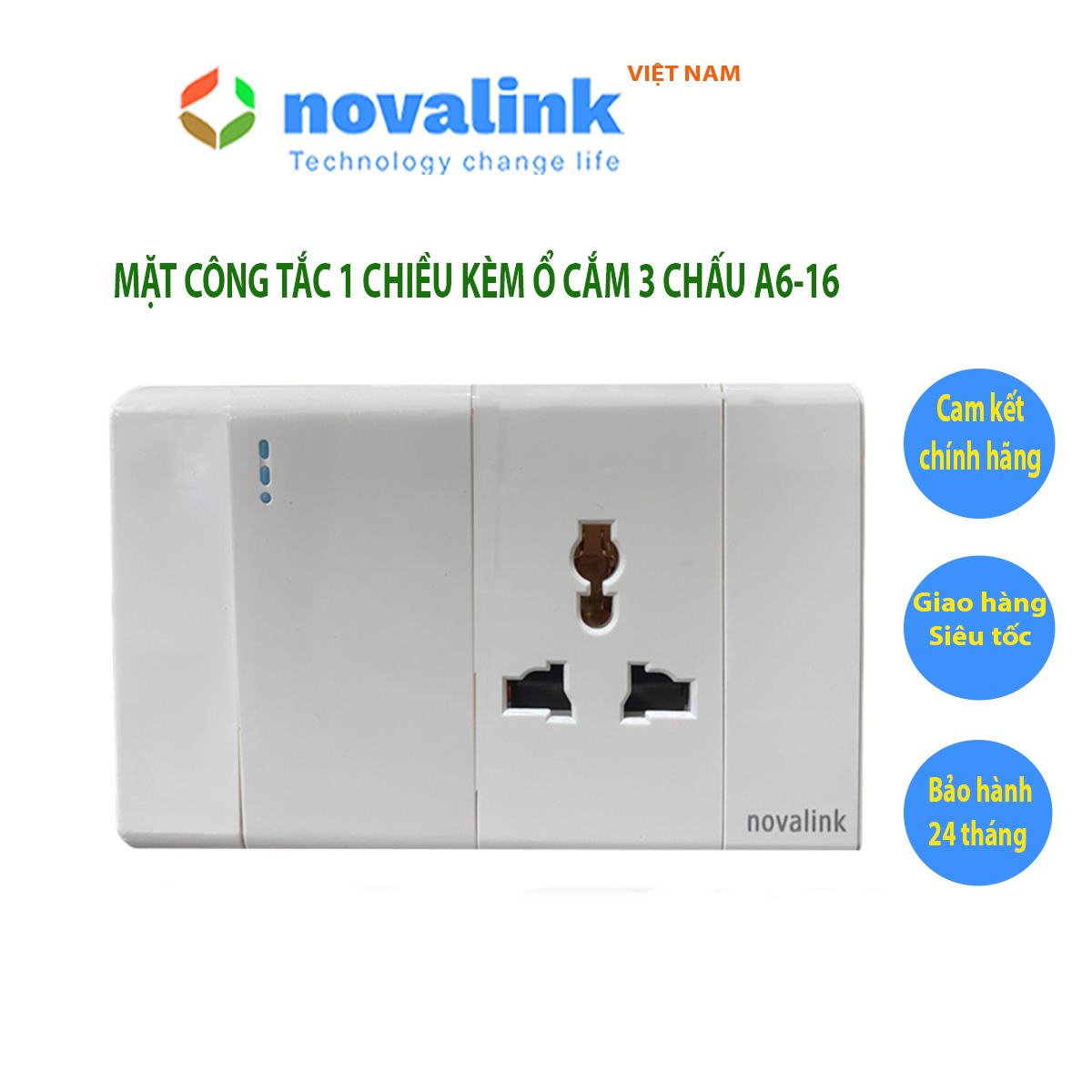 Mặt công tắc đèn 1 chiều kèm ổ điện 3 chấu cắm đa năng âm tường A6-16 Novalink chính hãng