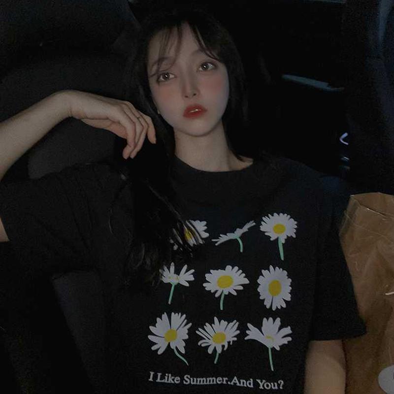 Áo Thun Tay Ngắn Cổ Tròn Hoạ Tiết Hoa Thiết Kế Dáng Rộng Thoải Mái