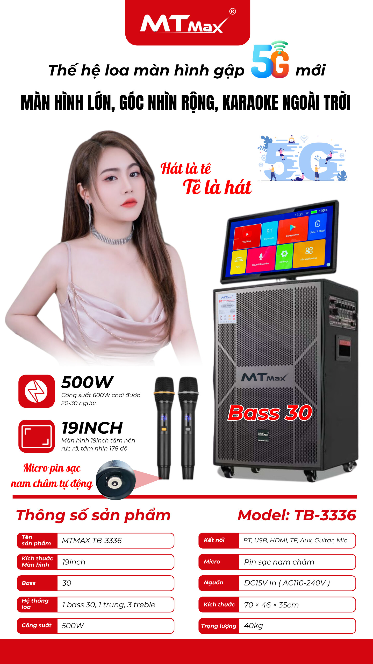Loa Màn Hình MTMAX TB3336 Bass30 Mới Nhất Đã Có Mặt Tại Việt Nam Màn Hình 19inch Góc Nhìn 178 Độ Công suất 500W Hệ Thống 5 Loa, 3 Đường Tiếng Đi Kèm Cặp Micro Kim Loại Sang Trọng Chống Hú Cao Cấp. HÀNG CHÍNH HÃNG