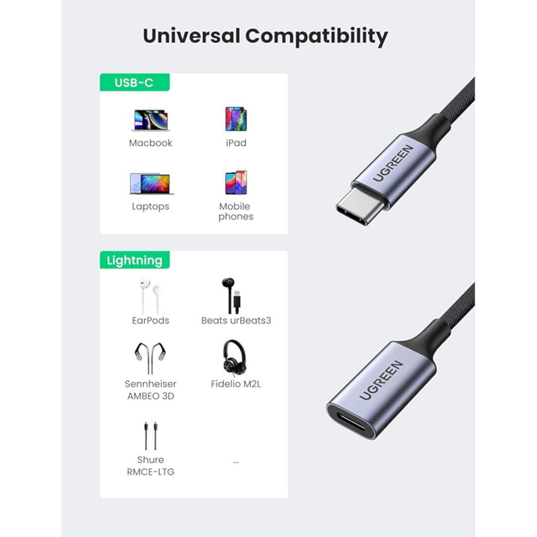 Ugreen 70953 25CM Màu Xám Cáp chuyển đổi âm thanh USB Type-C sang cổng tai nghe Light-ning Hỗ trợ Mic cho iPad Pro Air 5 MacBook Ugreen US342 - Hàng Chính Hãng