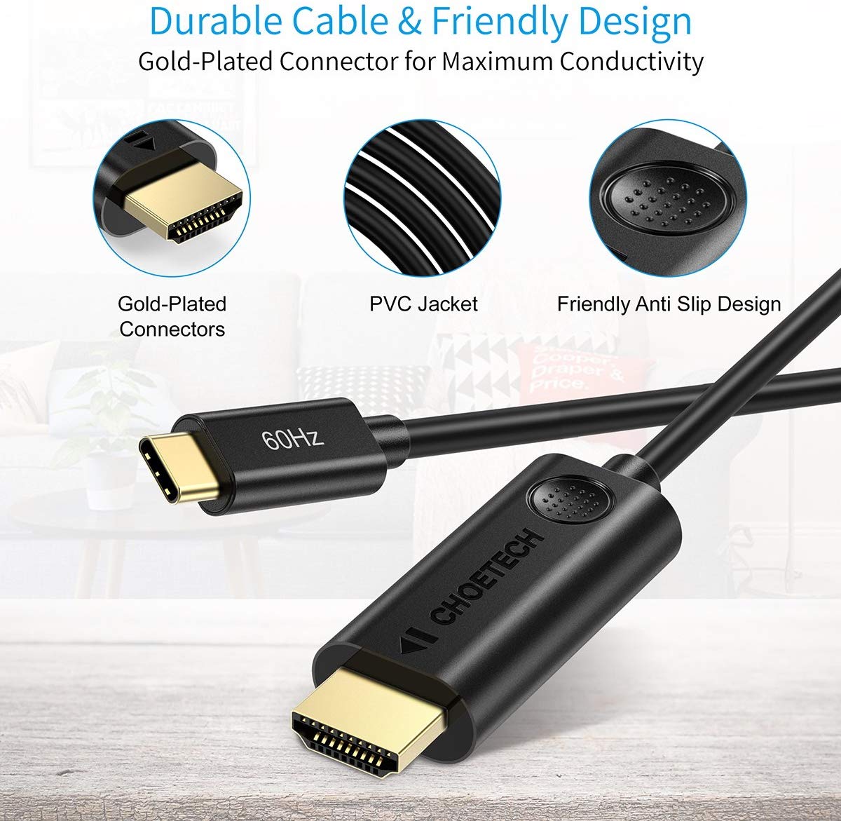 Dây cáp chuyển đổi cổng PD Type-C ra cổng HDMI chuẩn 4K dài 180cm hiệu CHOETECH CH009 cho điện thoại Macbook - Hàng chính hãng