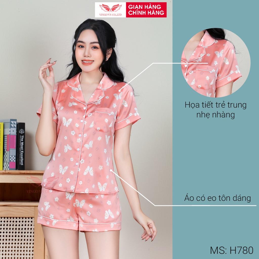 Đồ bộ nữ mặc nhà Pijama VINGO lụa Gấm mềm tay ngắn quần cộc họa tiết bướm trắng và hoa mặc mùa Hè thoải mái H780 VNGO