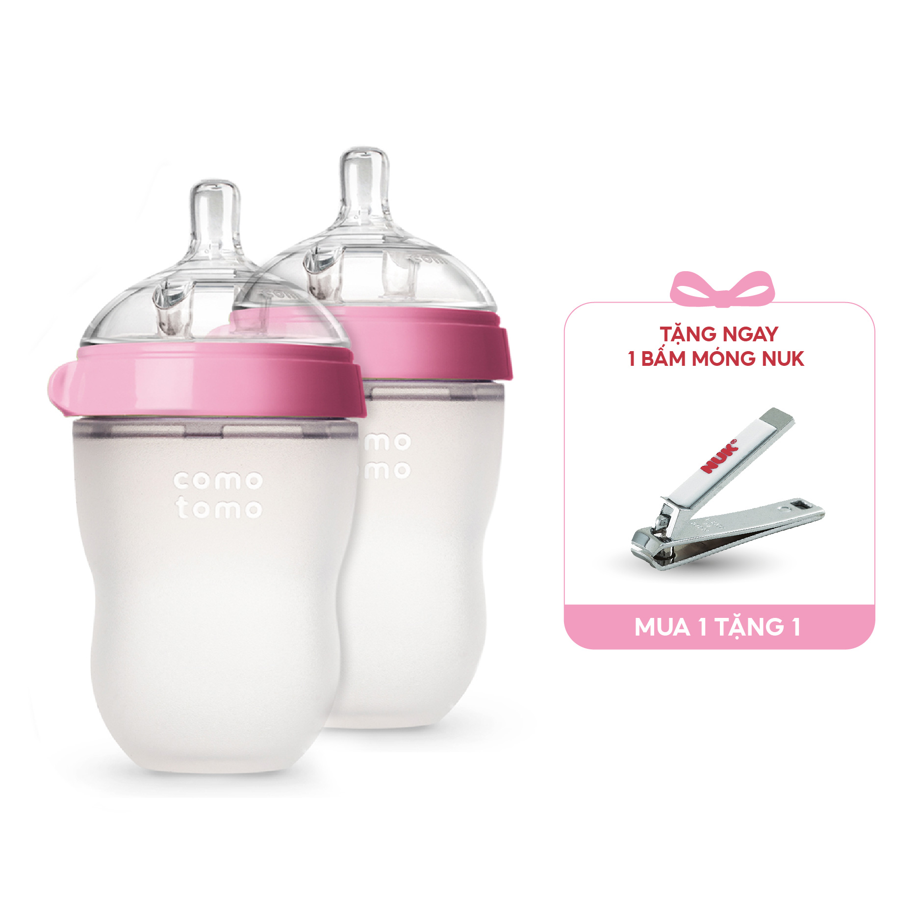 Bộ hai bình sữa silicone Comotomo 250ml - Hồng Tặng Bấm móng sơ sinh NUK