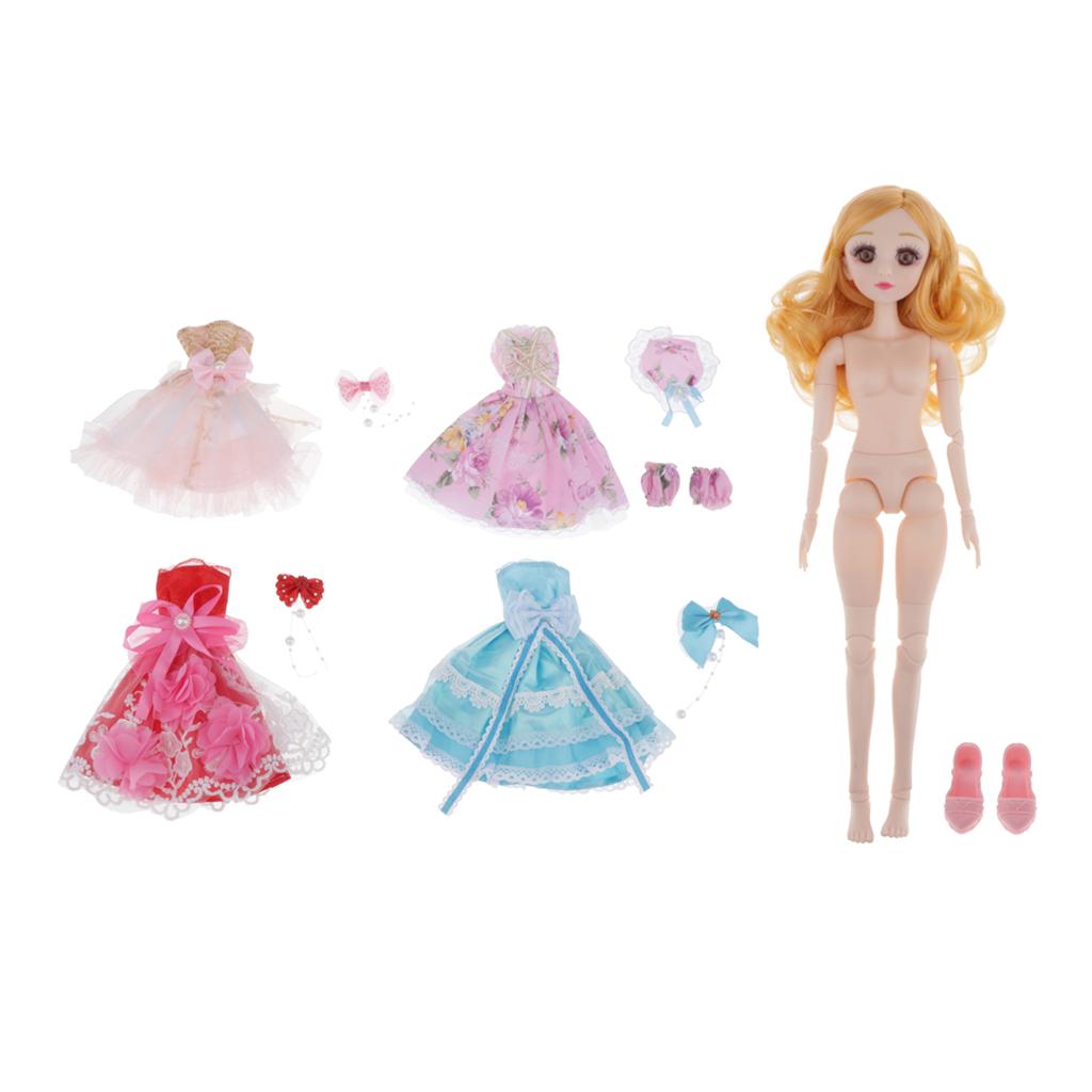 36cm Ball Jointed Girl Doll Body White Skin With 4 Set Princess Dress