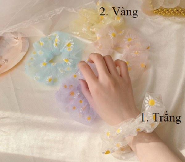 Combo 4 dây cột tóc vải Scrunchies vải lưới hoa cúc