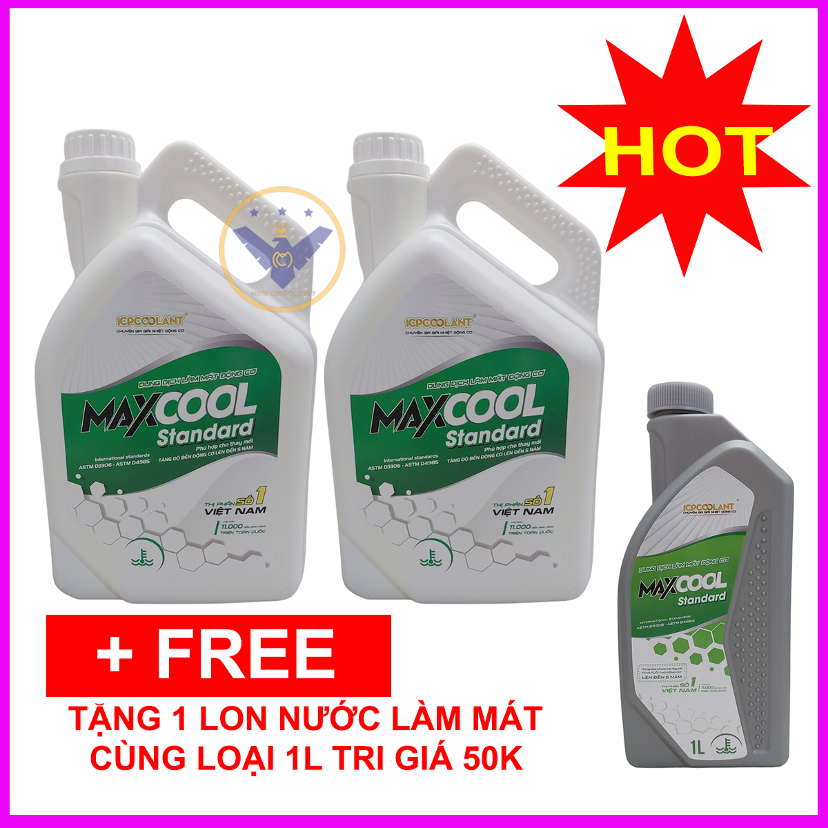 Combo 2 can nước làm mát xe ô tô màu xanh Maxcool 4L tặng lon 1L