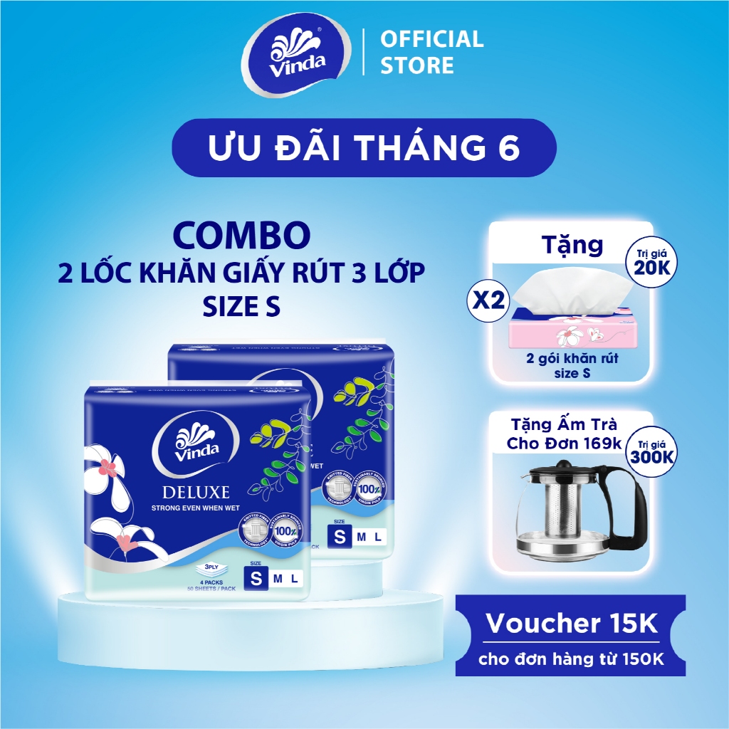 [MUA 2 LỐC SIZE S TẶNG 2 GÓI SIZE S] Khăn giấy rút cao cấp Vinda Deluxe 3 lớp 50 tờ size S (4 Gói)