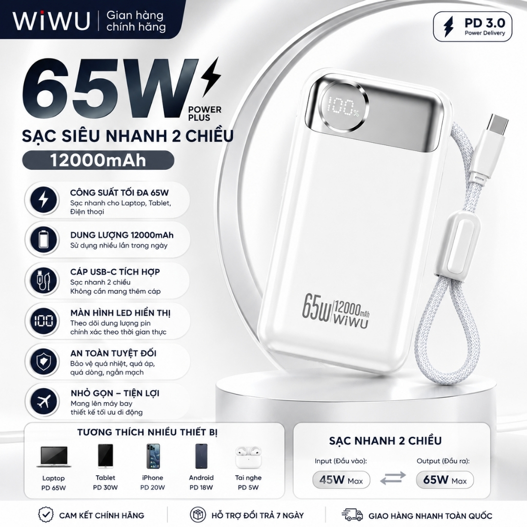 Pin sạc dự phòng PD 3.0 65W tích hợp dây sạc Type-C 12000Mah WIWU PowerPlus Sạc Nhanh cho iPhone Laptop MacBook Android - Màn hình hiển thị pin kỹ thuật số, Hệ thống bảo vệ đa tầng an toàn - hàng nhập khẩu