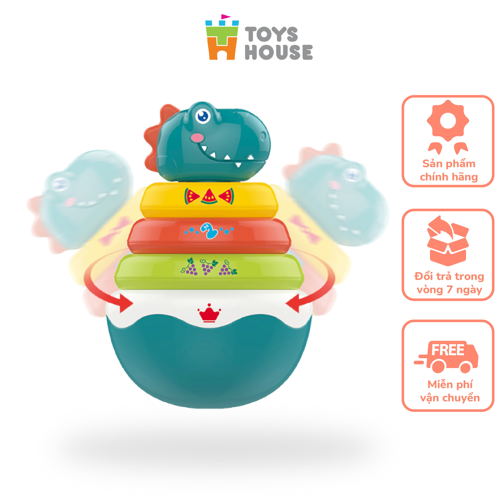 Đồ chơi lật đật kết hợp vòng xúc xắc xếp tháp màu sắc hình khủng long ToysHouse HE0298