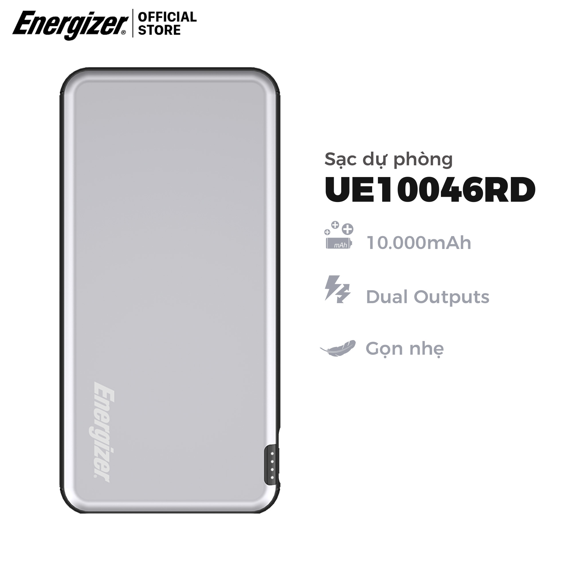 Sạc dự phòng Energizer 10,000mAh /3.7V Li-Polymer - UE10046 - tích hợp 2 cổng USB output giúp sạc 2 thiết bị cùng lúc - Hàng chính hãng