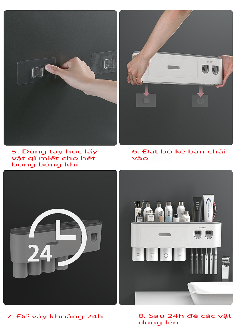 Kệ để bàn chải đánh răng và 2 bộ nhả kem đánh răng OENON kèm cốc hút từ tính