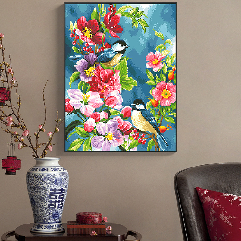 Tranh thêu kín Hoa và đôi chim D09148, kích thước 50*70 cm