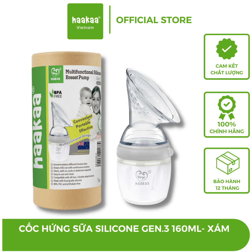 Cốc hứng sữa Gen.3 Haakaa. Chất liệu silicone cao cấp. Không chứa BPA, PVC và phthalate. Có thể chuyển đổi thành Bình sữa, Bình trữ sữa
