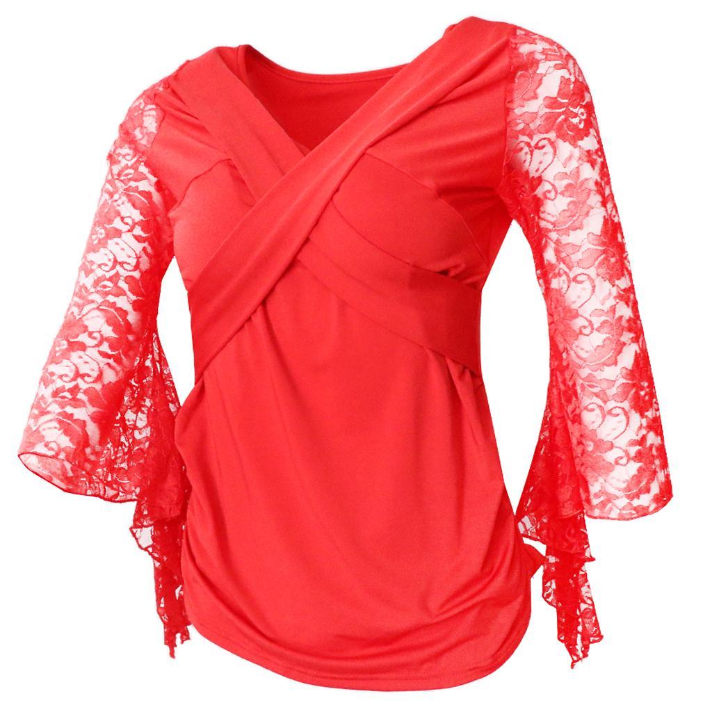 Ballroom Latin Dance Blouse Tops Stage Dancewear Costumes L Red