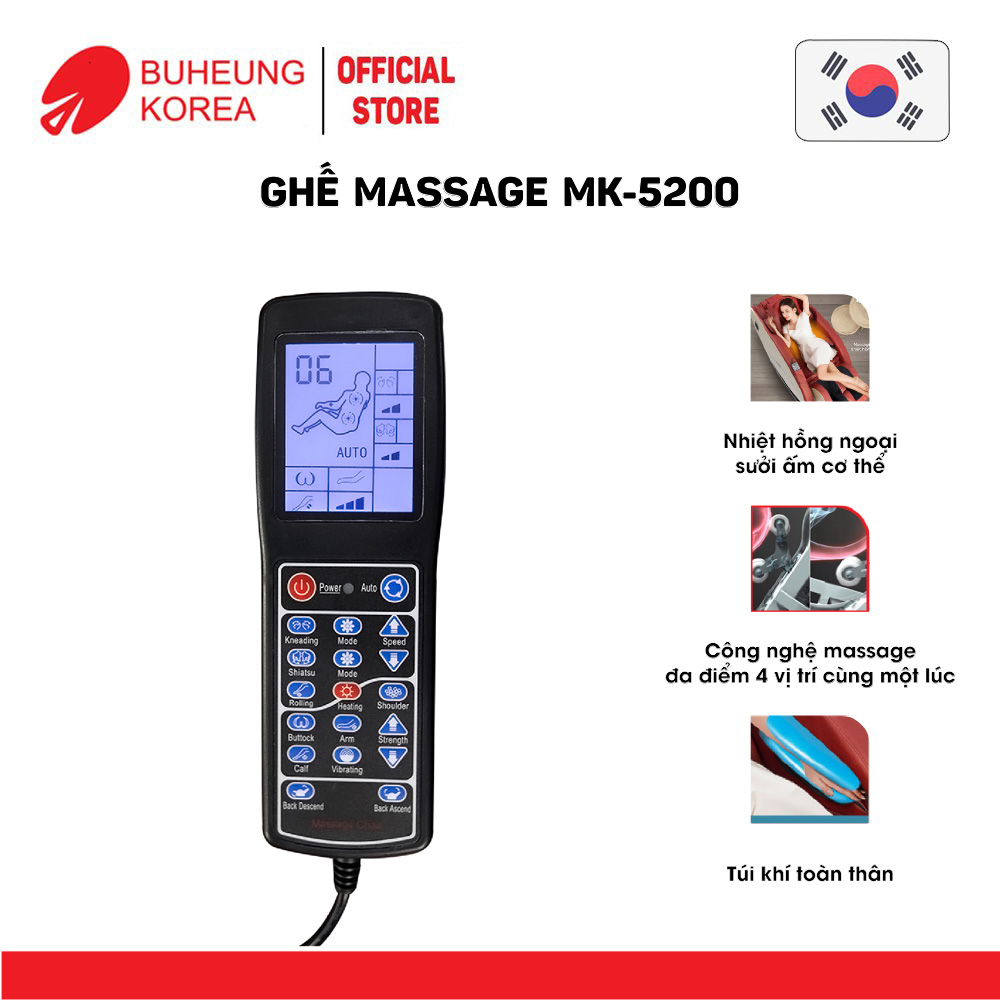 Hình ảnh Ghế Massage tiêu chuẩn Buheung MK-5200, nhiệt hồng ngoại, massage đa điểm, túi khí toàn thân, bảo hành chính hãng