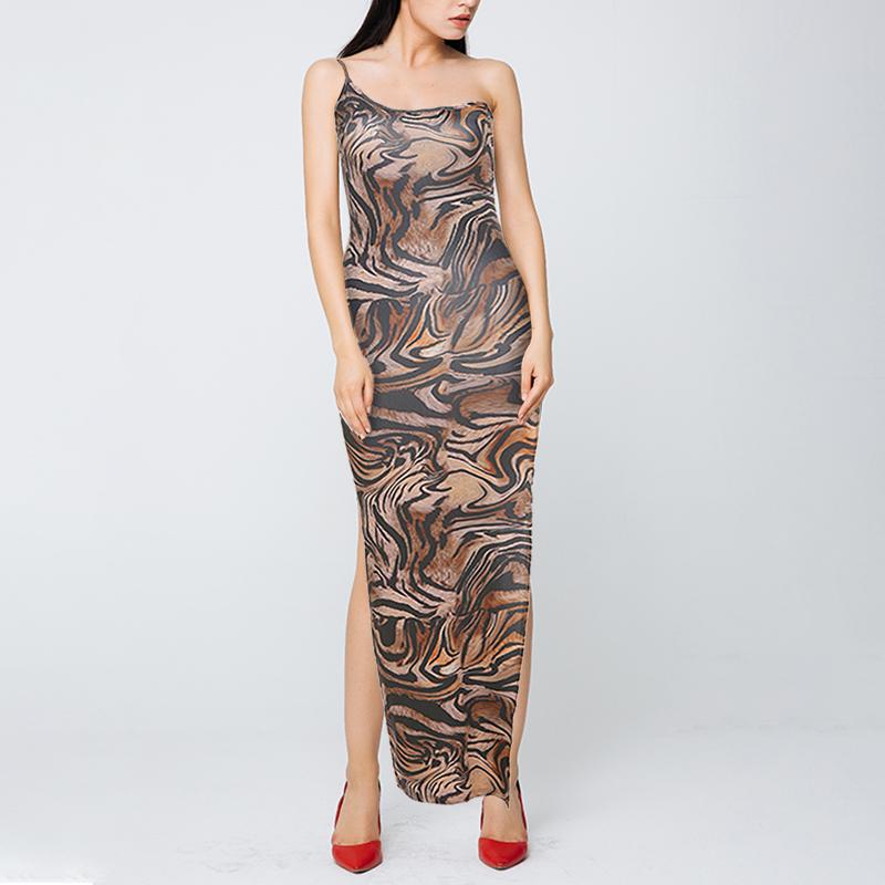 Fashion Women Tiger Print Dress One Shoulder Sleeveless Backless Bodycon Split Long Dress for Party Club