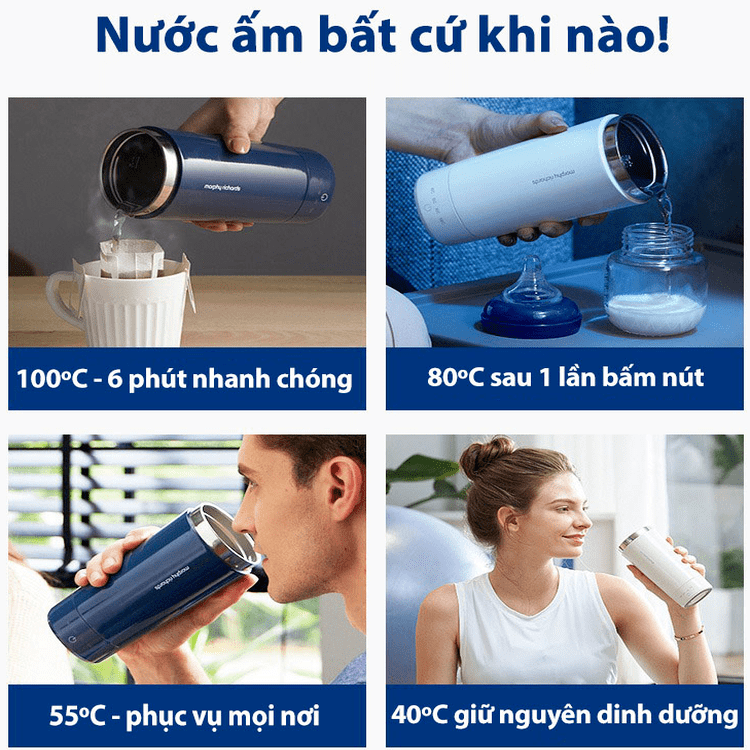 Bình đun nước kiêm giữ nhiệt cao cấp Morphy Richards MR6060, chất liệu inox 304, inox 316L , dễ dàng thay đổi kiểm soát nhiệt đô, dung tích 350ml- Hàng chính hãng