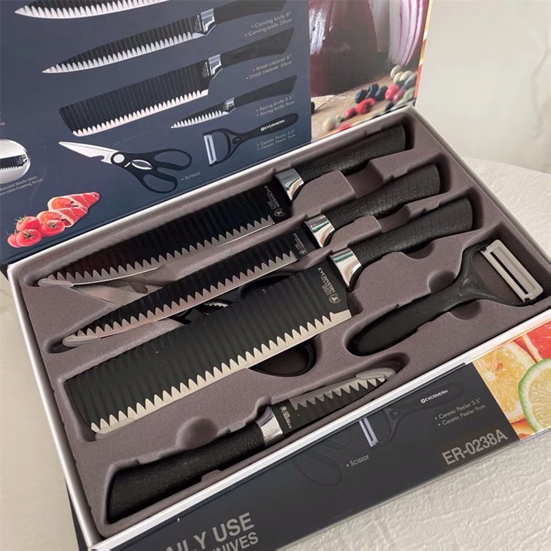 Bộ Dao Nhật ASAKH 6 Món Hình Gợn Sóng Cao Cấp - Full Box, Chất Liệu Chống Dính, Chống Gỉ