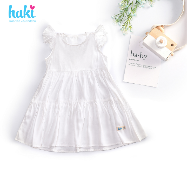 Đầm bé gái nhún 3 tầng tay cánh tiên HK514 - Trắng Haki, váy bé gái, váy mùa hè cho bé gái, váy hè, váy thiết kế cho bé 10-27kg 